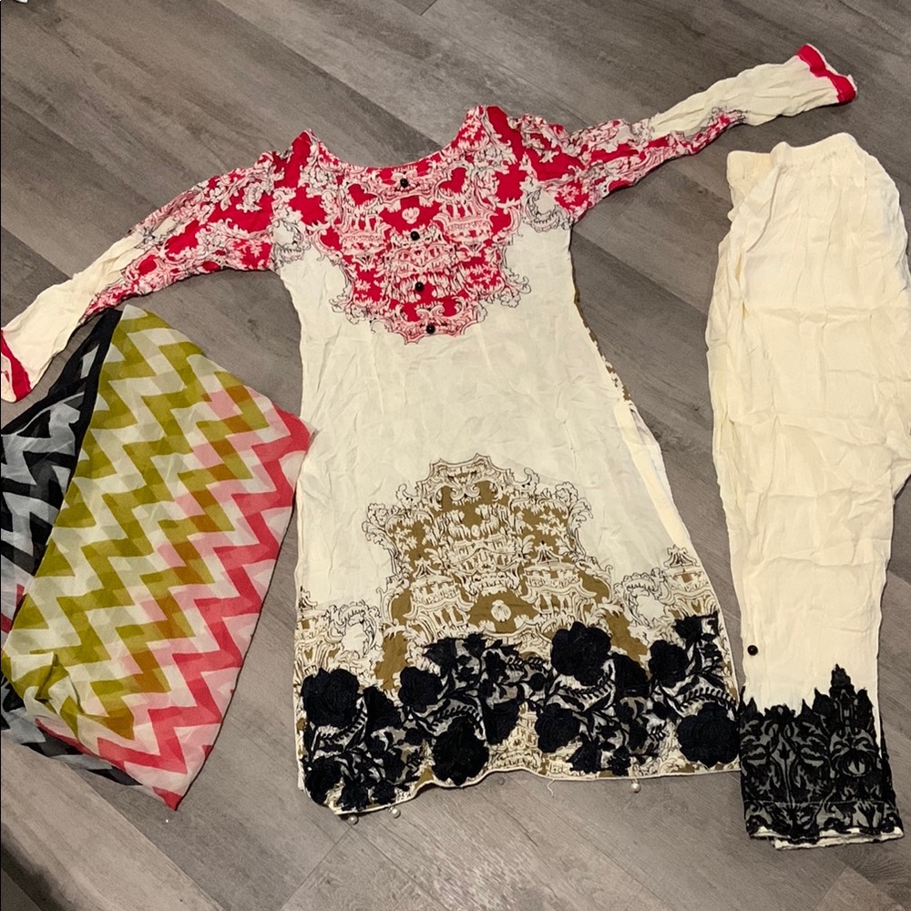 Red and Cream Embroidered Dress with Pants and Scarf